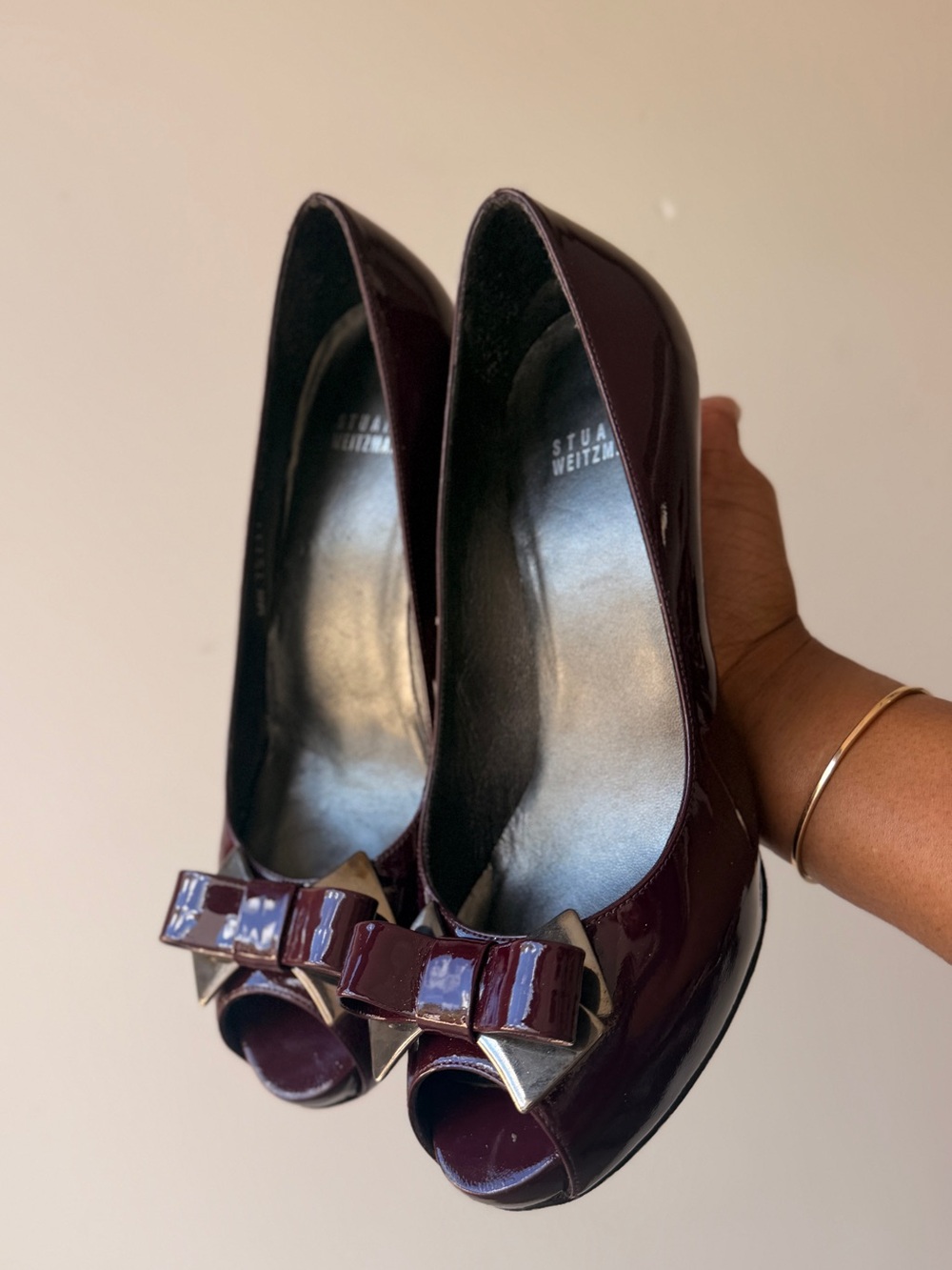 Stuart Weitzman Burgundy Patent Peep-Toe Heels with Bow Accent
